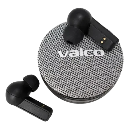 Valco NL25 -nappikuulokkeet latauskotelossa, musta